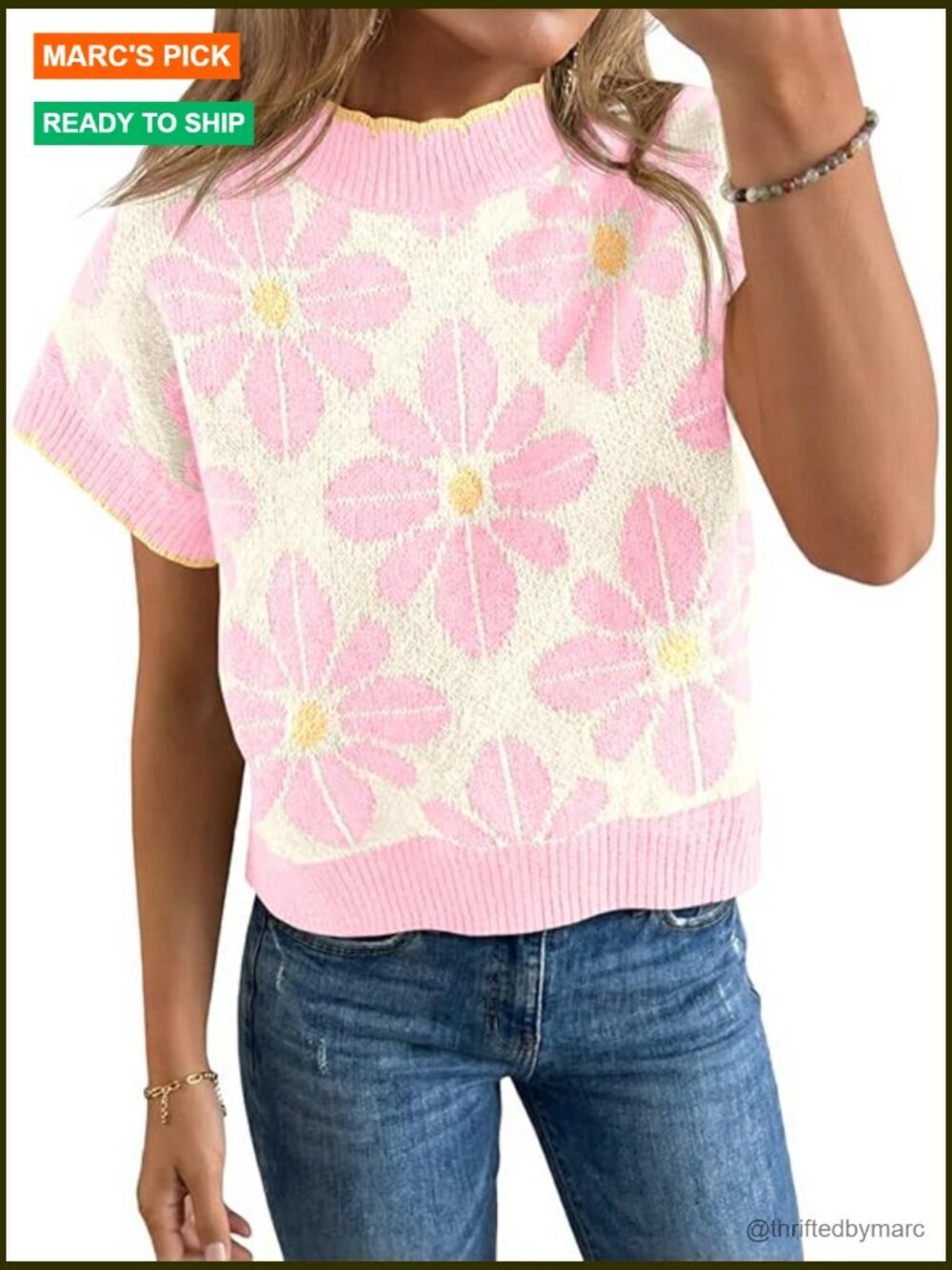 Floral Crew Neck Short Sleeve Pullover Summer Knit Sweater